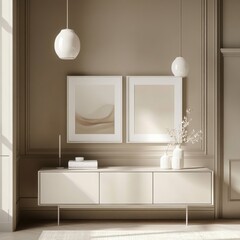 Minimalist living room with beige console, artwork, and pendant lamps.