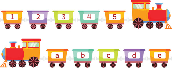 Obraz premium Cute animals in colorful alphabet train set. Vector illustrations of learning toys for preschool children. Cartoon animals sitting in transport with letters isolated on white. Education concept