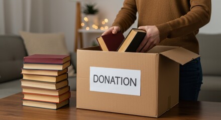 Person placing books into a donation box with a stack of books on a wooden table nearby indoors
