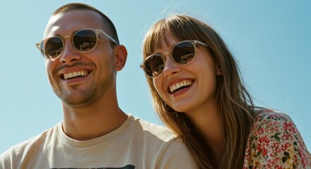 A smiling couple wearing sunglasses stands together against a bright blue sky backdrop outdoors