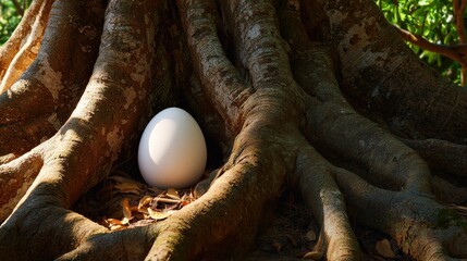 Obraz premium A captivating white egg nestled among the twisted roots of an ancient tree, symbolizing mystery and new beginnings in a serene natural setting.