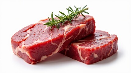 Exquisite Raw Steaks: Two prime cuts of raw steak, artfully presented with a sprig of fresh rosemary, stand as a symbol of culinary excellence. showcasing their rich color and texture.