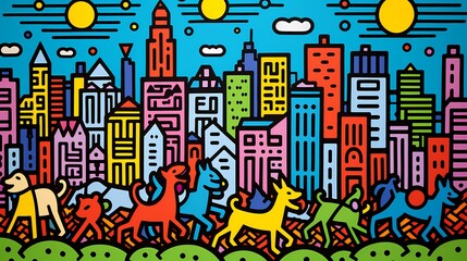 
Artistic bright colors black lines abstract geometric city
