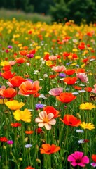 Vibrant meadow bursting with colorful poppies and wildflowers, orange, spring, countryside