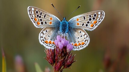 Blue butterfly perched on purple flower, meadow background, nature photography
