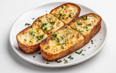Four slices of golden-brown garlic bread, garnished with fresh parsley, are arranged on a white plate against a white background. The bread appears crispy and buttery