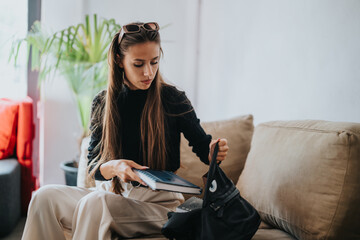 Young female student sitting on a sofa, organizing her backpack with books and supplies, getting...