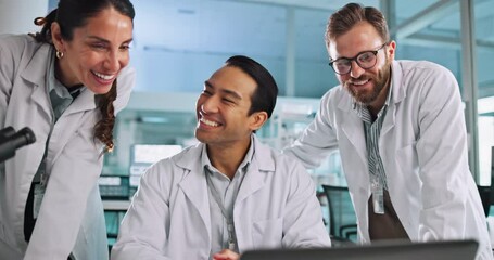 People, scientist and laptop for success in lab with good news, medical research and vaccine results. Teamwork, fist bump and microscope for online report, healthcare feedback and celebrate promotion