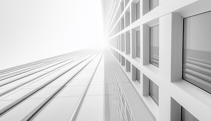 Fototapeta premium White City Architecture with Low Vertical Perspective and Bright Sky Abstract Background, Urban Business Building for Corporate Presentation