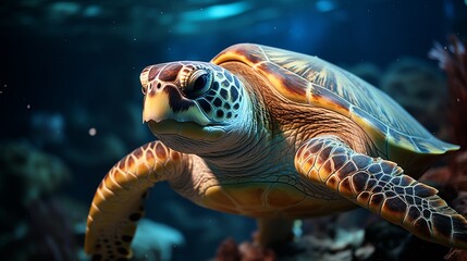 Fototapeta premium Tropical blue ocean with white sand and underwater world in Hawaii. Ocean background with sea turtle and corals