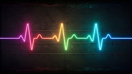 A vibrant and dynamic image featuring a glowing, rainbow-colored heartbeat or EKG line against a dark, textured background