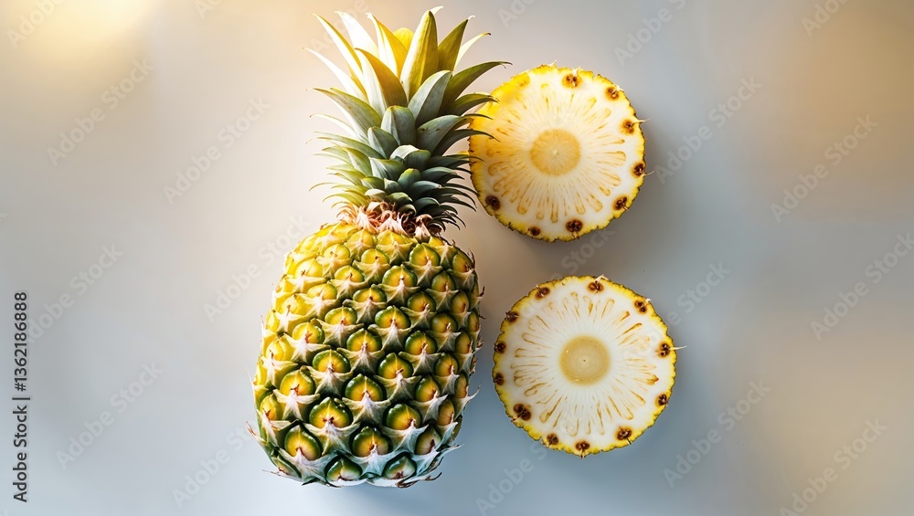Aufkleber fresh pineapple on a light surface with slices displayed alongside showcasing its vibrant texture an