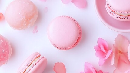 Beautiful pink macarons and flower petals are delicately arranged on white