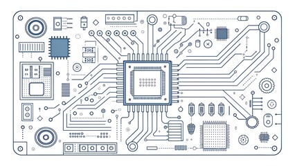 A detailed line-art illustration of a circuit board or motherboard