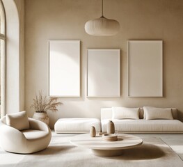 Minimalist living room with beige furniture, three blank frames, and natural light.