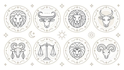 A set of eight zodiac sign illustrations rendered in a delicate, line art style within circular frames
