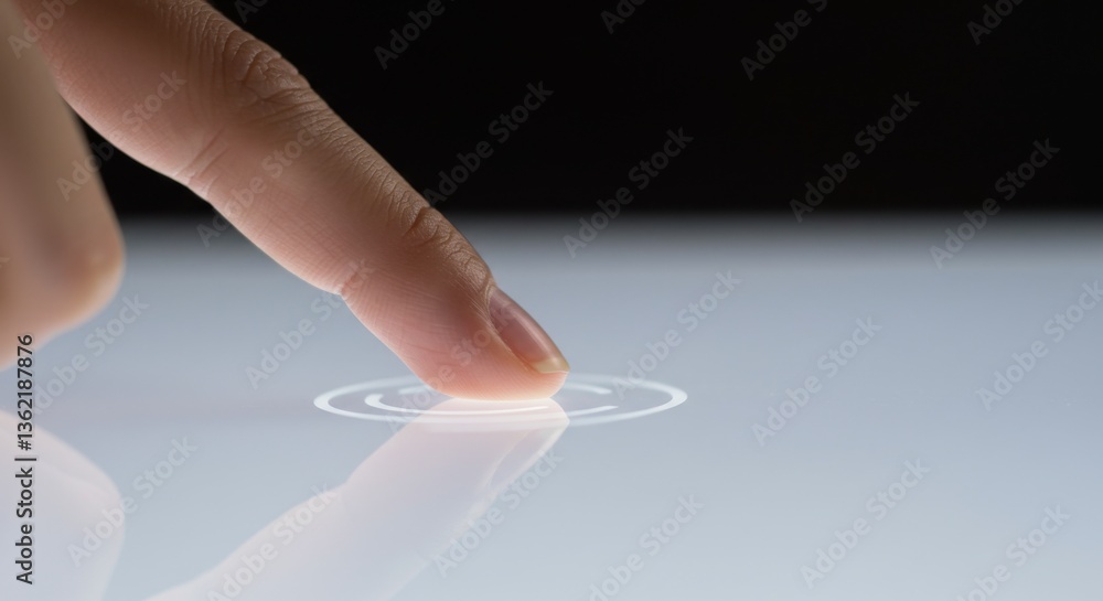 Poster a finger touching a glowing white surface creating ripple effect on a touch screen device close up v