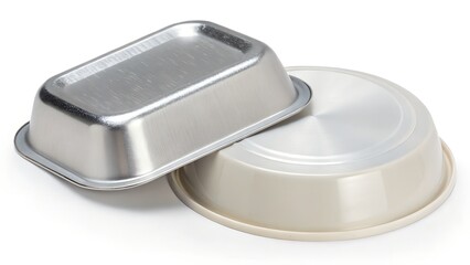 A studio shot of two empty food containers, one rectangular stainless steel container on top of a round