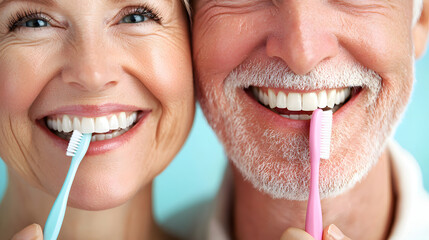 Naklejka premium Healthy Smiles Together: Close-up view of an elderly couple, each holding a toothbrush to their teeth, smiling brightly in a picture of radiant health.