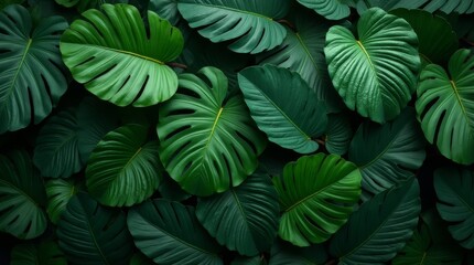 Botanical Beauty: An overhead shot of lush, vibrant green monstera leaves, with their distinctive fenestrations. Displaying the intricate textures and forms, offering a serene and organic feel.