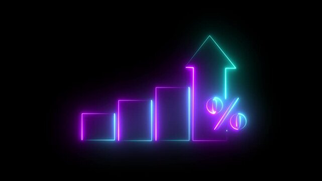 Neon violet -cyan line business graph  icon Quality control and company cost reduction. Successful  strategy and management. light magenta collar animation and black background  