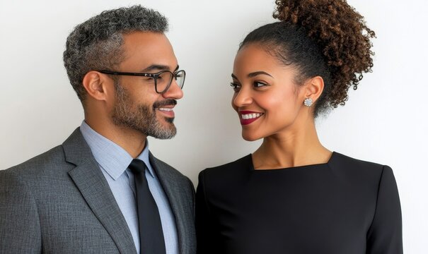 a professional mixed ethnicity couple smiling at each other, well-dressed and radiating a sense of success. The man is wearing glasses and the woman has a warm expression on her face