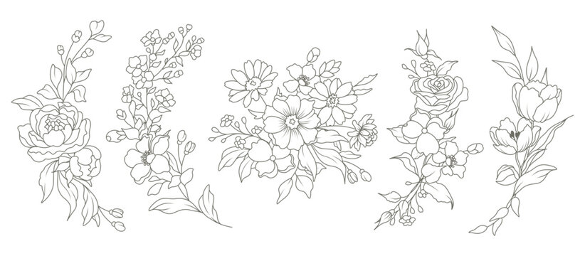 Hand drawn floral compositions in line art style. Elegant frame of flowers, stems and leaves. Trendy botanical elements. Vector illustration for logo or tattoo, save the date card, wedding invitation