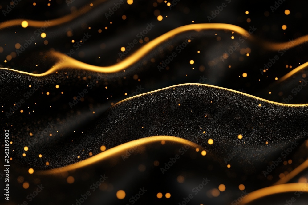 Aufkleber a mesmerizing interplay of black fabric with golden waves and shimmering particles, creating a luxur