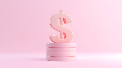 Obraz premium Pink Dollar Sign: A minimalist, stylish image of a pink dollar sign, subtly placed on a stack of coins, against a complementary, vibrant background, symbolizing wealth, prosperity.