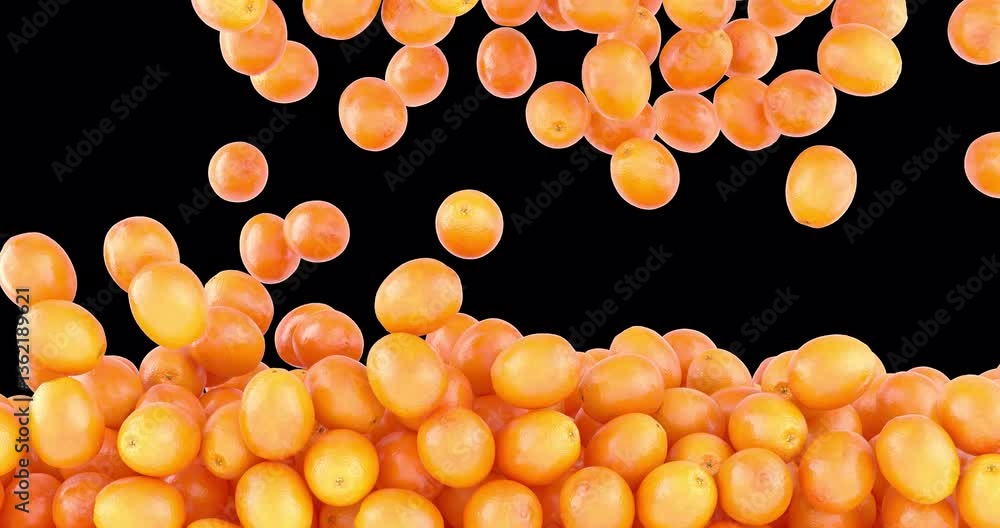 Poster oranges falling and fill the screen. 3d animation on transparent background