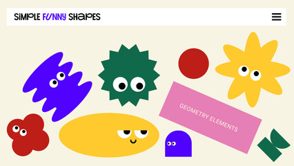 Minimalist composition with Funny Simple Shapes. Bold Minimalism Design. Elements with Emotions, Vibrant color, Retro Cyber Geometric flat design. Trendy Naive Playful Y2k Mental Stickers. Brutalism