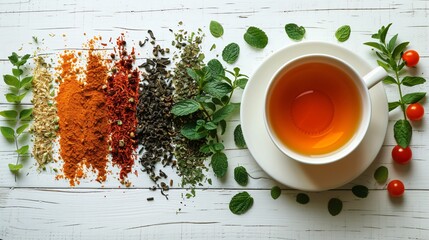 White cup of tea and different herbs on a white surface