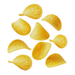 Naklejka premium Crispy Potato Chips Floating with Golden Texture on Black Background in Studio Shot