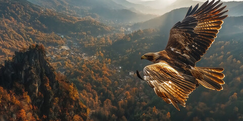 Obraz premium a wide shot of an eagle soaring high above a mountain range, with sunlight illuminating its wings, conveying a sense of awe and wonder,