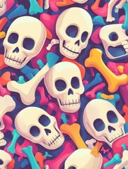 Bones and skulls toon background happy colorful texture, pattern, toon cute and colorful