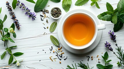 White cup of tea and different herbs on a white