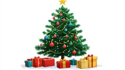 Decorated Christmas tree with gifts on a white background illustration