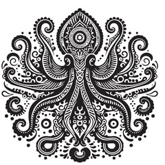 Black Color Octopus Silhouette Vector Illustration, Solid White Background