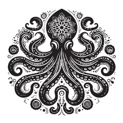 Black Color Octopus Silhouette Vector Illustration, Solid White Background