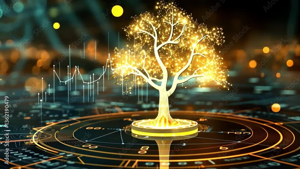 Poster glowing digital tree symbol of growth and innovation in technology, merging nature and abstract data