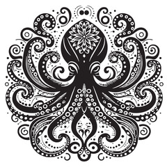 Black Color Octopus Silhouette Vector Illustration, Solid White Background