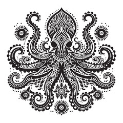 Black Color Octopus Silhouette Vector Illustration, Solid White Background