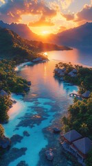  Sunset Over a Tranquil Lagoon with Villas and Mountains
