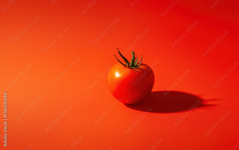 Poster single ripe red tomato on a red background, illuminated by a dramatic light source casting a strong 