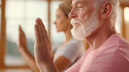 Peaceful Yoga in Harmony: Capturing a moment of serenity, an older man and younger woman practice yoga, their hands clasped together in a peaceful pose.