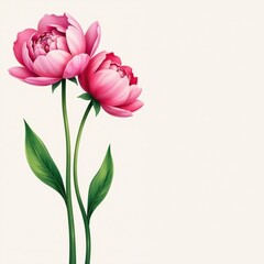 Delicate watercolor peony flowers in soft pink hues with green stems , floral motifs, peonies
