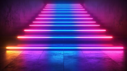 Naklejka premium Neon glowing stairs in a dark, concrete tunnel.