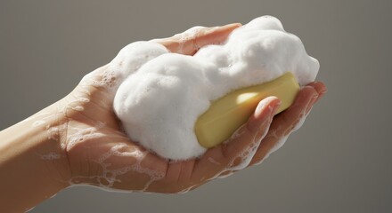 Hand holding a bar of soap covered in white foam against a neutral colored background plain and simple