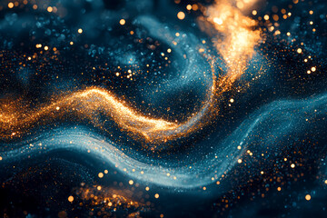 Golden Particle Stains in Iridescent Blue Fluid with Green Tints - Stock Photo