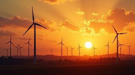Obraz premium Power of the Wind: Captivating image of wind turbines gracefully silhouetted against a vibrant orange sunset, symbolizing the power of clean energy.